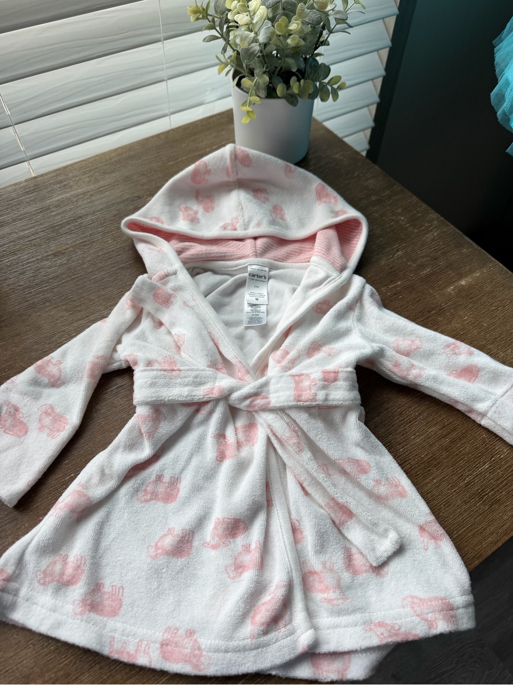 Carter's White Hooded Baby Robe with Pink Animal Print